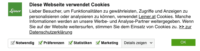 Beispiel: Cookie-Banner von Leiner.at