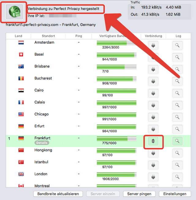 Perfect-Privacy VPN mit dem Server verbunden