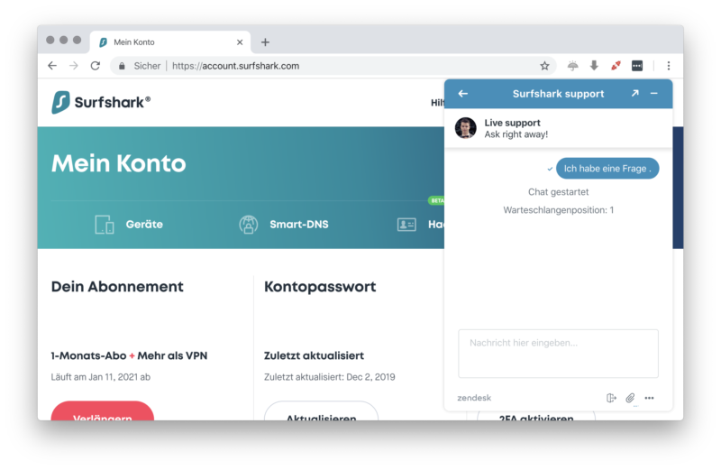 Surfshark VPN Kundenservice im Live-Chat in Deutsch